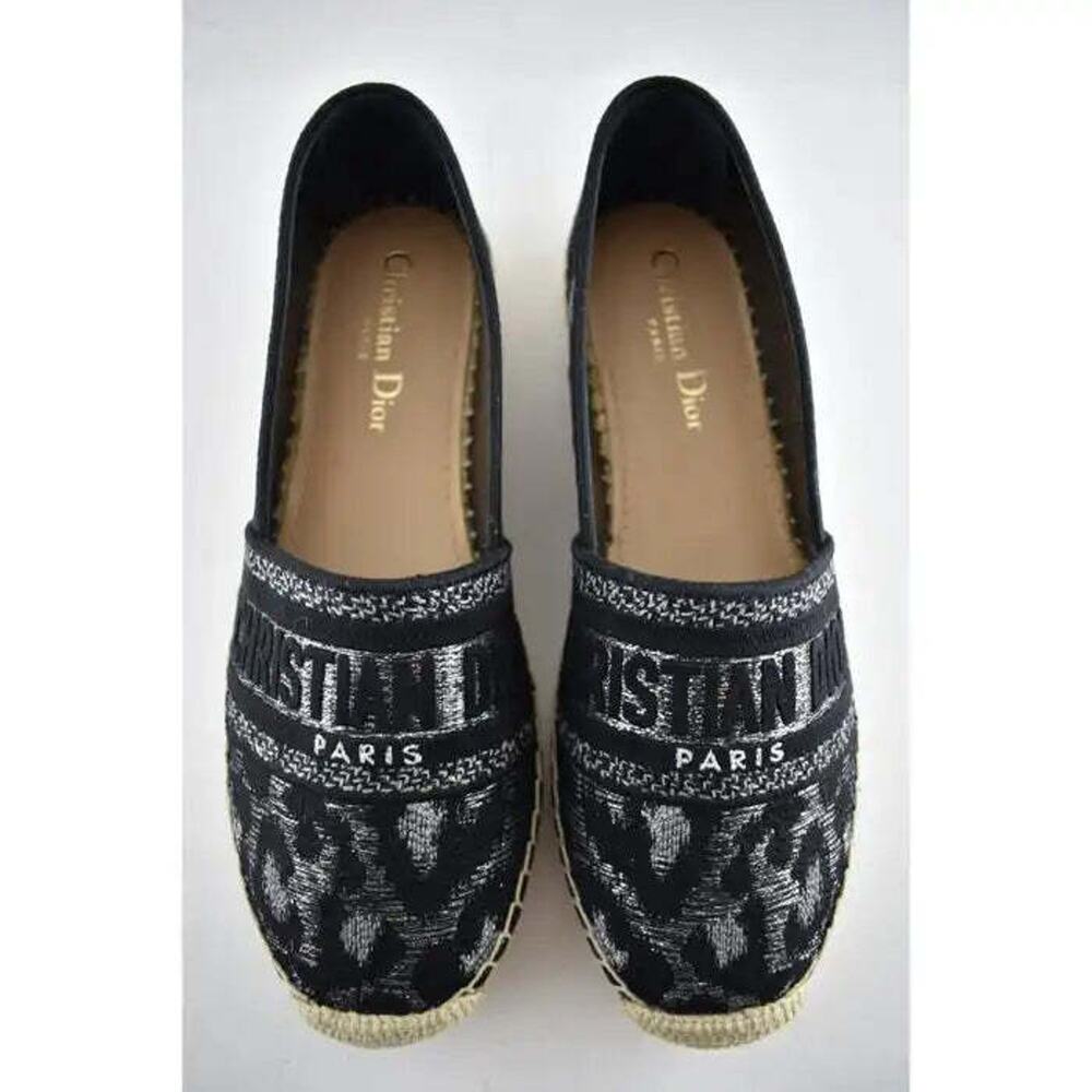 Dior Granville Mizza Lurex Embroidered Black Grey Silver Logo Espadrille Flat 37 - Picture 8 of 12